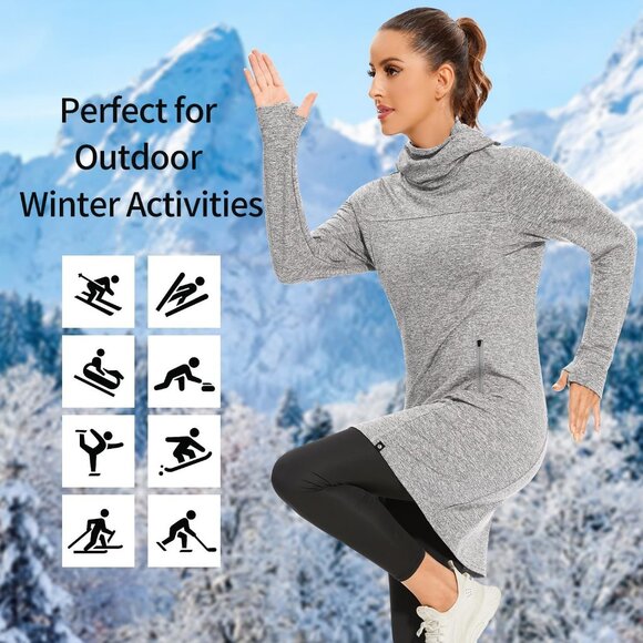 Women's Fleece Dress Running Sweatshirts Dresses with Thumb Holes Pocket Grey - Picture 6 of 6